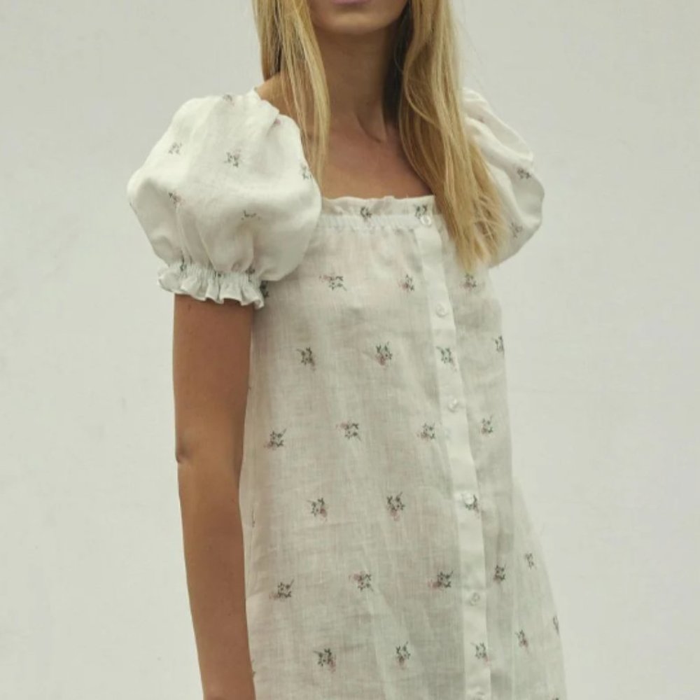 Sleeper White Floral Puff Sleeve Dress